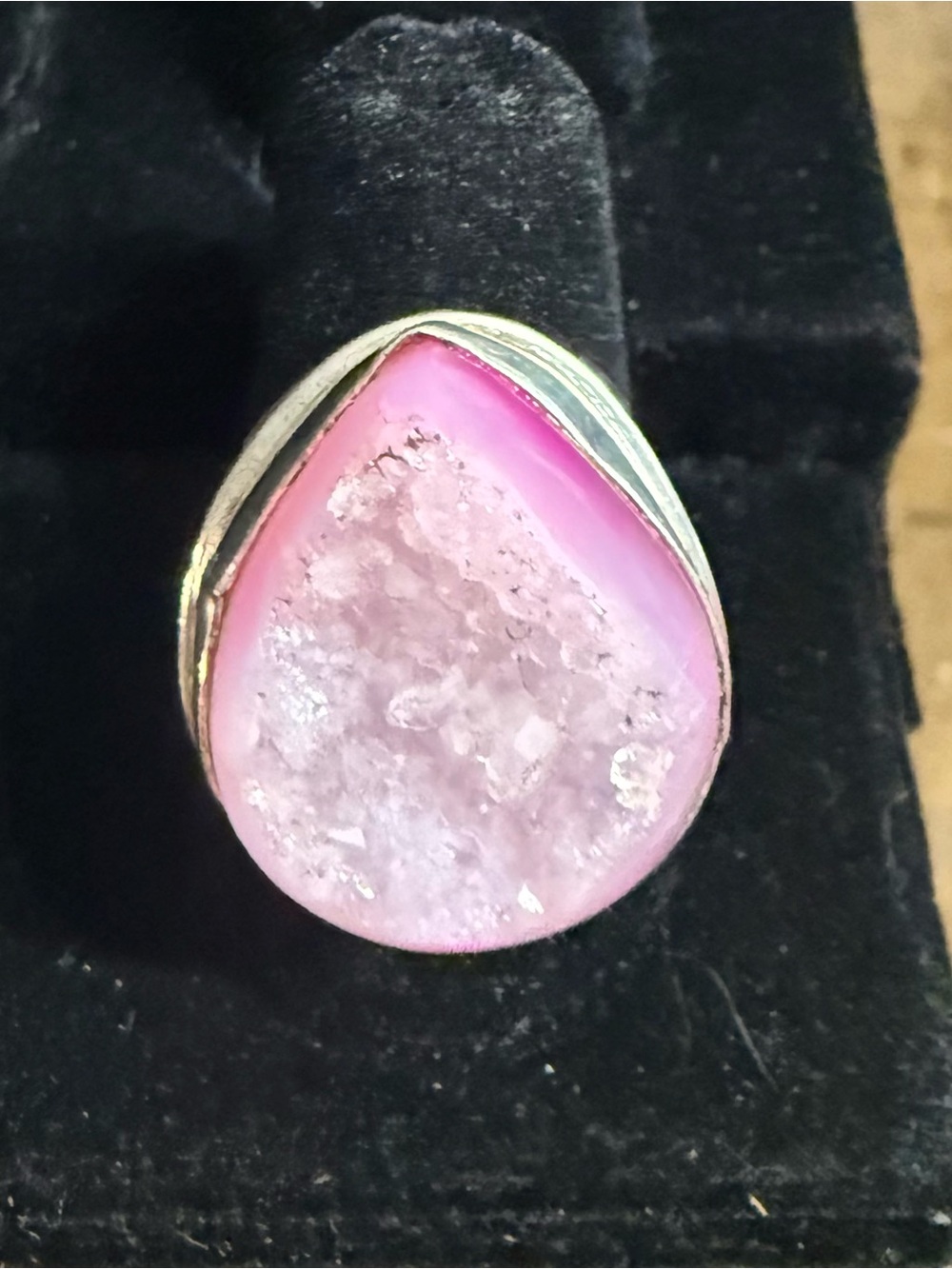 Pink Druzy Teardrop Ring - Sterling Silver Setting